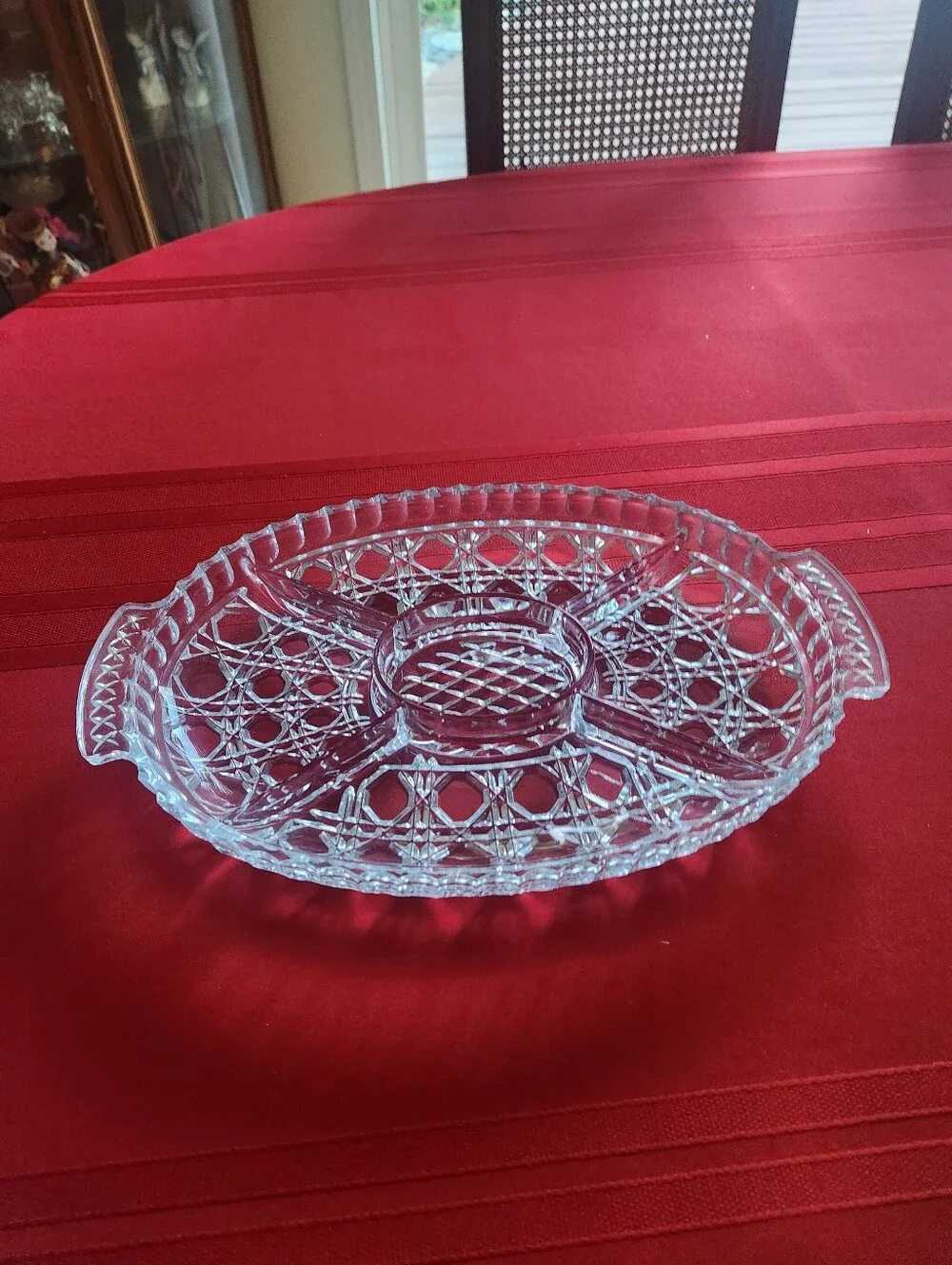 Vintage Clear Cut Heavy Glass Style Oval Divided Relish Dish with Handles